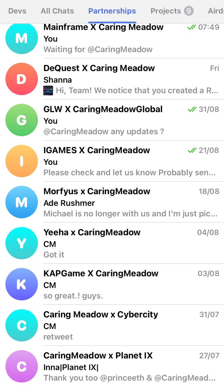 Partnership network showing active collaborations with multiple Web3 projects including Mainframe, DeQuest, GLW, IGAMES, and others